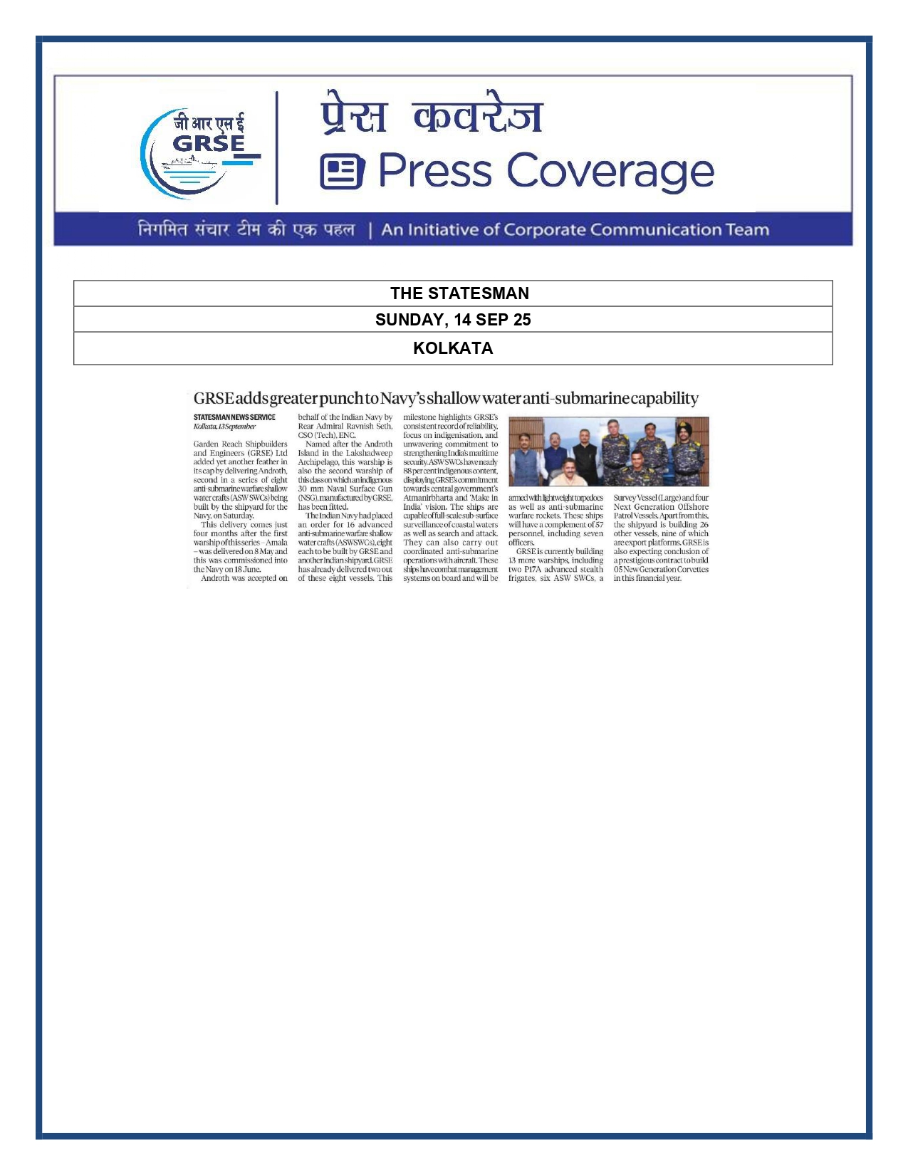 Press Coverage : 15 Sept 25:THE STATESMAN